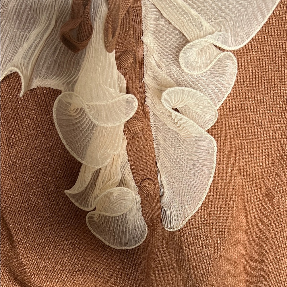 Zara Rust Brown Knit Top with Cream Ruffle Collar - Picture 3 of 7